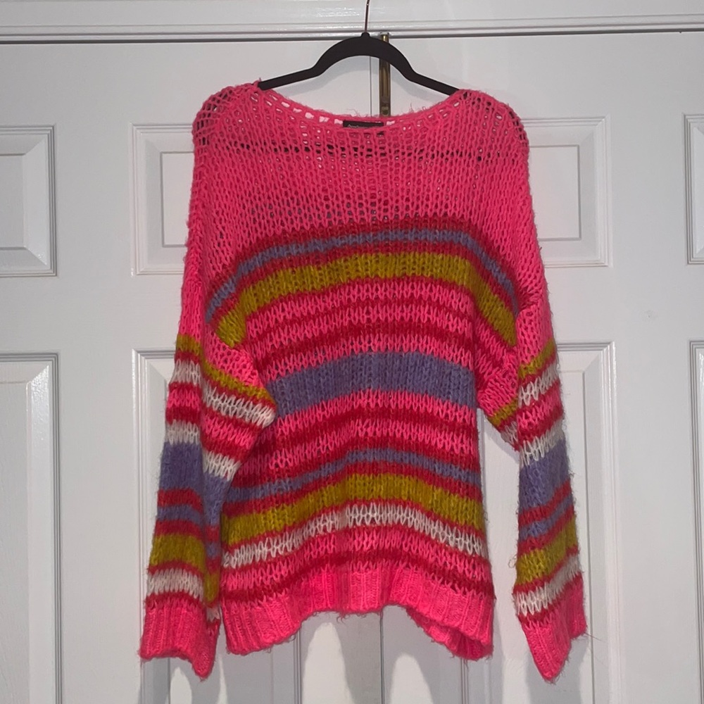 NEON PINK STRIPE OVERSIZED KNIT SWEATER
